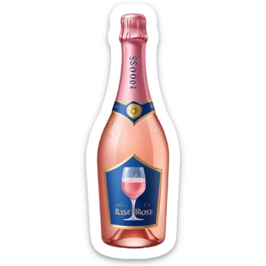 bottle of sparkling rosé with a rose logo on the label, angled to the left, no glass sticker