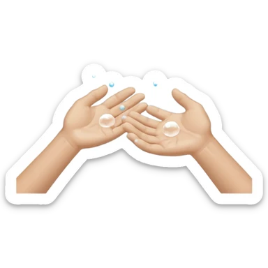 Minimal, flat-design icon of two human hands being washed under flowing water with soap bubbles, no text, high contrast, universally recognisable, plain white background sticker