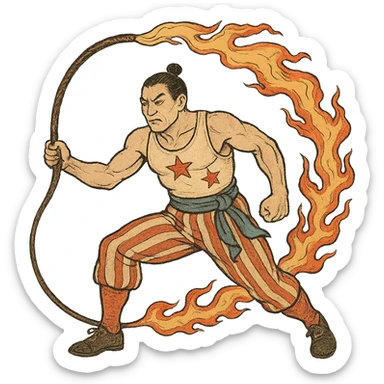 ukiyo-e style vintage circus performer with a fire whip, no background sticker