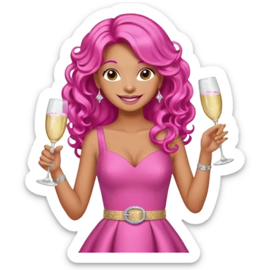One lady with long hot pink curled hair and tan skin wearing a pink dress with sparkly belt holding a glass of pink champagne in each hand smiling cheerfully  sticker