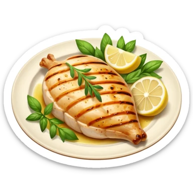 Draw a grilled chicken breast on a plate with herbs & lemon slices. sticker