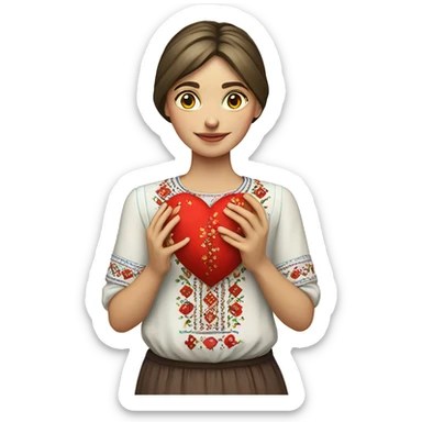 A Ukrainian woman in an embroidered shirt holds a heart in her hands sticker