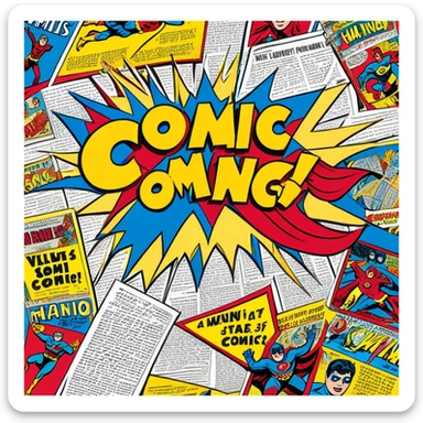 Create a vibrant emoji representing comic books and graphic novels. The design should feature a large, open comic book or vintage comic magazine with pages displaying classic comic art, with text. The comic pages should have bold, dynamic panels and action scenes. Include a pencil writing on the pages, but without a hand, to symbolize the artistic creation of comics. Use bright colors like red, blue, and yellow, with a retro feel to the design. Make the background transparent. sticker