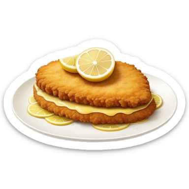 Cinematic Realistic Veal Schnitzel Dish Emoji, depicted as a golden, breaded veal cutlet served with lemon rendered with crisp textures and inviting, natural lighting. sticker