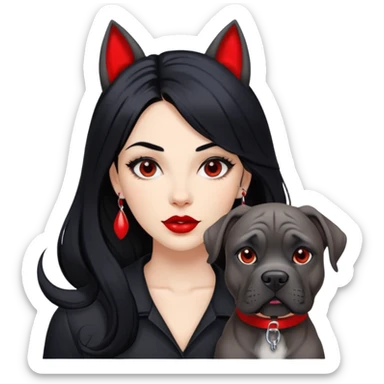 Fashionable woman with long black hair, big red lips, and Cane Corso dog ears and short tail sticker