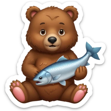 A brown bear holding a salmon sticker