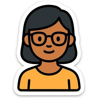 Asian girl with tan skin, short black hair, and glasses, color outline icon sticker