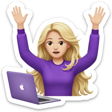 lady with long blonde wavy hair, purple top throwing her with a laptop hands in the air saying why sticker