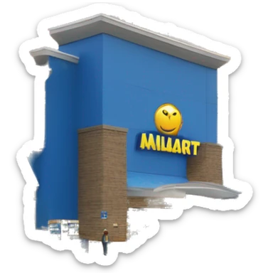 “Exterior of a Walmart store with the sunburst logo above the entrance, blue facade with yellow accents, large sliding glass doors, and shopping carts lined up outside, capturing the look of a busy retail supercenter.” sticker