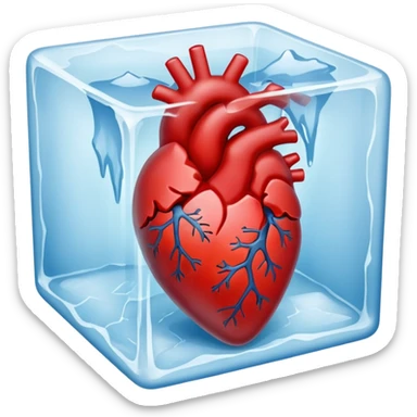 A realistic human heart completely frozen, trapped inside a clear ice cube sticker