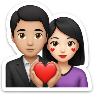 Asian Woman with black hair black eyes, brown man with black hair black eyes, and love heart sticker