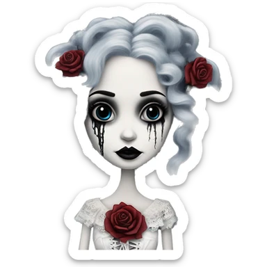 tim burton corpse bride, porcelain doll with a cracked face, goth makeup, long hair, lace and ruffles, lolita style, inked, black and white, red roses sticker