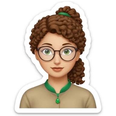iranian woman, tight curly light brown hair in one high pony tail, glasses, green eyes, pretty, oval shape face, no hajib sticker