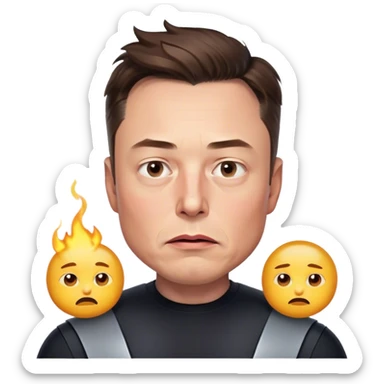 A photorealistic emoji-style illustration of Elon Musk's head, no neck, slightly turned to the right with a concerned expression. Highly detailed, smooth, and polished like an iOS emoji, with realistic skin, hair, and lighting. Transparent background. sticker