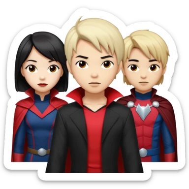 Solo poly platonic relationship, one is south African girl, one is Asian boy, one is biracial features Asian tomboy girl with anime short hair with long hair, vampire and marvel cosplay elements inspired. Could we can less human skin seems so it does not seem racist or something, use marvel colours  sticker