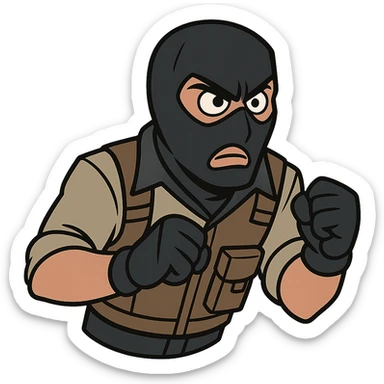 head of a Counter-Strike terrorist character, cartoon style, angular shapes, dynamic pose, neutral background sticker