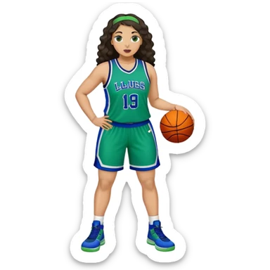 full body plus size light skin latino women basketball player with wavy dark hair large wide nose wearing blue with green uniform sticker