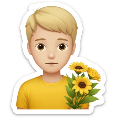 generate an ios genmoji of a 20 year old fair boy with faint upper lip hair (brown). should look like he cant grow a mustache., carrying a flower bouquet, wearing a yellow tshirt, looking shy sticker