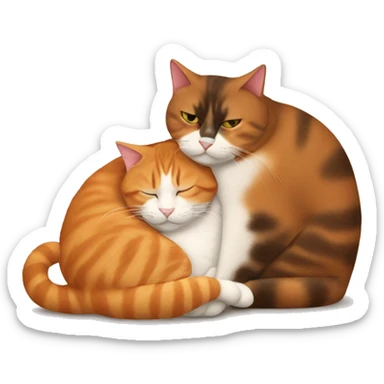 Fat Orange cat and skinny brown calico cat cuddling together sticker
