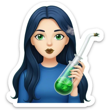 White Girl with dark black/blue long hair. She is Smoking out of a green bong smoke above her. sticker