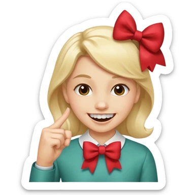 smile with teeth wearing a bow and biting a pointed finger sticker
