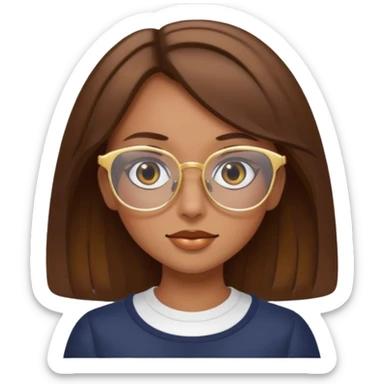 a girl with brown hair, slightly tanned skin and large square gold glasses sticker