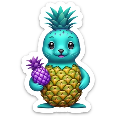 seal that is completely teal-colored holding a pineapple that is completely purple-colored sticker
