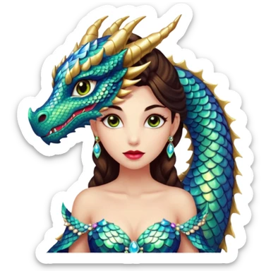 Am amazing blend of a half dragon woman with glittering jeweled scales covering her body. She has large almond shaped eyes, lush lips, and she wears a stunning luminescent gown. sticker
