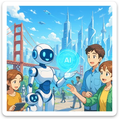 Anime-inspired AI helping people in a utopian San Francisco, advanced technology, vibrant cityscape, positive mood sticker