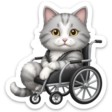 grey and white cat in a cat wheelchair sticker