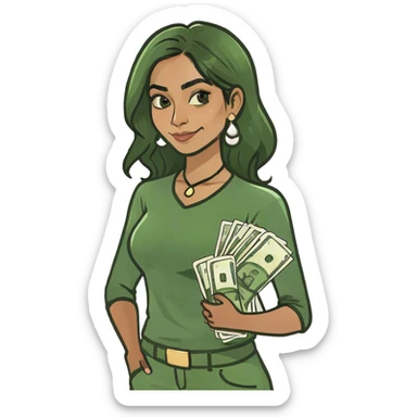 Indian girl with shoulder length hair thinking about money sticker