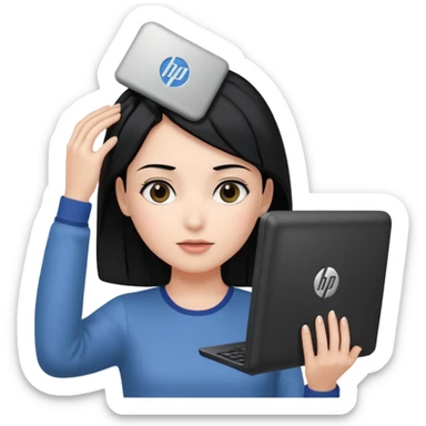 A girl is in front of an HP computer, holding it to her head, and her hair is black. sticker