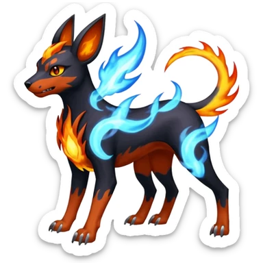 Fiery blue flames solarpunky elemental colorful hot will-o-wispy Houndoom-Torracat-Genesect-Pokémon-Fakémon-hybrid-creature sticker