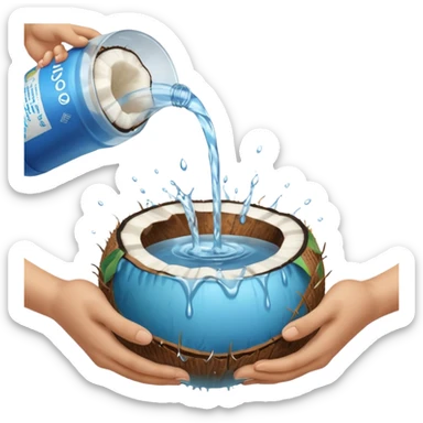 A whole coconut with water being poured over it with hands cupping water sticker