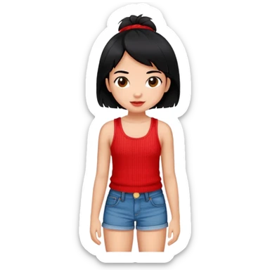 Girl in red yarn tank top with jean shorts, with black hair, Hispanic sticker