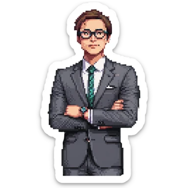 front-facing pixel art illustration of a thoughtful businessman from the waist up, wearing a sharp suit and stylish glasses, one hand under chin, gazing slightly to the side, luxury watch visible on wrist, expression of curiosity and contemplation, clean background sticker