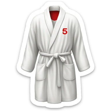 white bath robe with the number 5 in red on it sticker