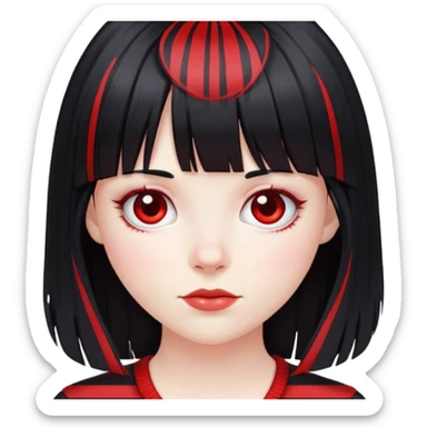 Pale girl, long black hair with red striped hair and bangs sticker
