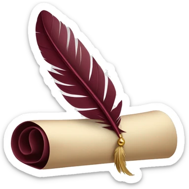 a feather quill and an open SCROLL maroon sticker