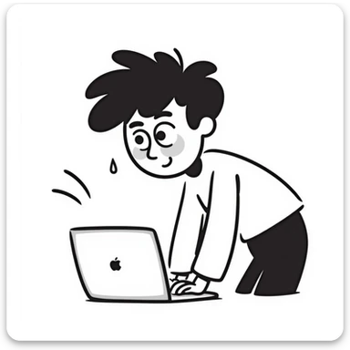 a person typing furiously on a laptop, hair standing up and sweat drops flying, playful doodle style sticker
