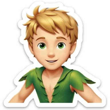cinematic-realistic-peter-pan-portrait, head tilted dramatically with an exaggeratedly amused expression and sparkling eyes brimming with playful mischief, his iconic outfit rendered in vivid detail with dynamic shadows, soaring through the air flying next to a glowing Tinker Bell, whose delicate wings leave a trail of shimmering pixie dust across a whimsical sky. sticker