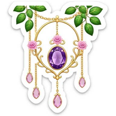 Hanging suncatcher, gold chains with shiny sparkly amethyst and rose-quartz gemstones, flowers, beautiful leaves, gorgeous aesthetics sticker