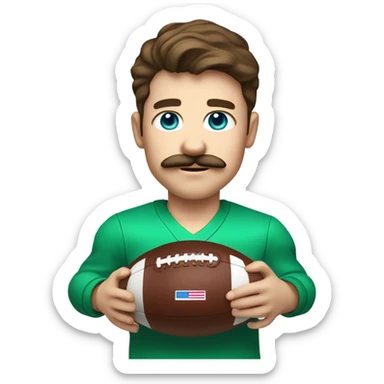boy with brown hair and light blue eyes with a moustache. wearing a green shirt. holding an american football  sticker
