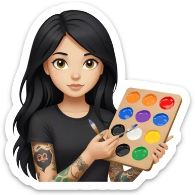 A girl with long black hair  light complexion and hazel eyes and black tattoos on right arm holding a paint palette  wearing black shirt sticker