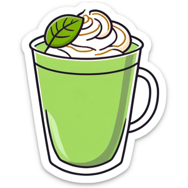 matcha latte in warm olive-brown tones with leaf detail, cute cookie beside it, soft dreamy sticker