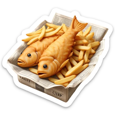 Fish and Chips Cinematic Realistic Fish and Chips Dish Emoji, depicted as a crispy battered fish fillet and golden chips served in traditional newspaper wrapping, rendered with lifelike textures and warm natural lighting that captures its iconic British street food charm  . sticker