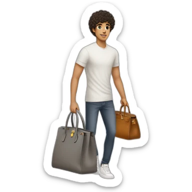 Handsome skinny latino with short curly hairs wearing a grey hermes Birkin bag sticker