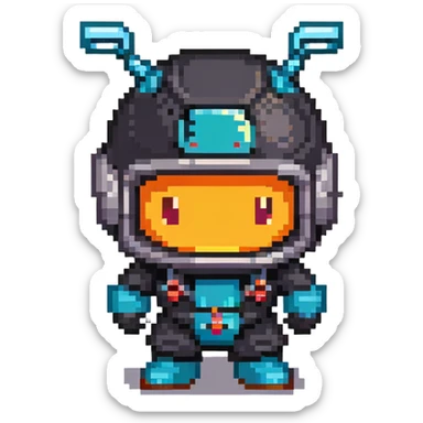 Black bomberman character, ninja-like design, sleek helmet with sharp antenna, mysterious appearance, cool pixel art style sticker