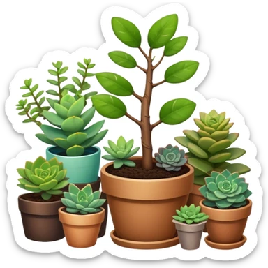 Close-up of a potted sapling in rich soil surrounded by vibrant plants and succulents. Bright sunlight filters through the window, casting soft shadows. Nearby gardening tools rest on a wooden table. Cozy indoor atmosphere with greenery and flowers. sticker