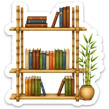 Wooden shelving unit with books and decorative items made of thin dried bamboo  sticker